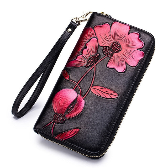 Flower Genuine Leather Women's Wallet Female Long Walet Women Carteira Lady Clutch Money Bag Coin Purse Cartera Mujer Portomonee**Engraving not available**