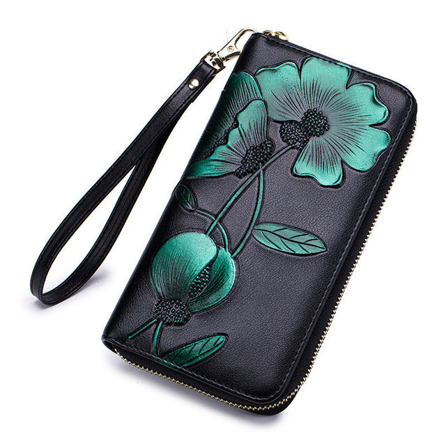 Flower Genuine Leather Women's Wallet Female Long Walet Women Carteira Lady Clutch Money Bag Coin Purse Cartera Mujer Portomonee**Engraving not available**