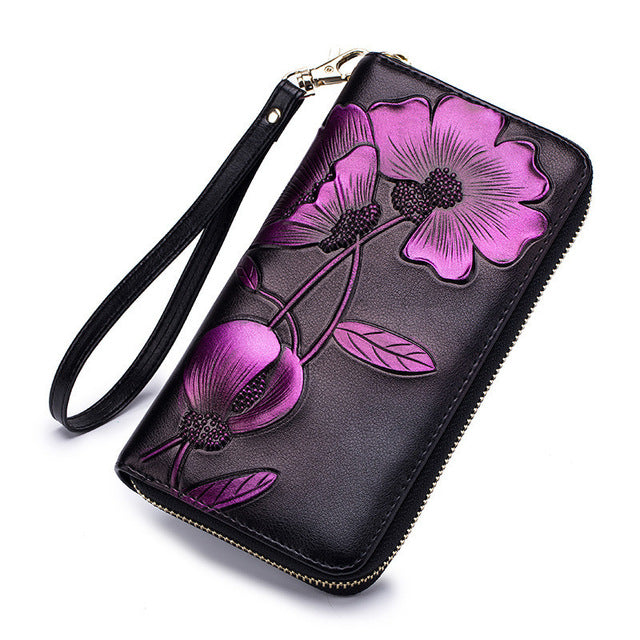 Flower Genuine Leather Women's Wallet Female Long Walet Women Carteira Lady Clutch Money Bag Coin Purse Cartera Mujer Portomonee**Engraving not available**